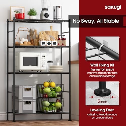 Sakugi Storage Shelves - 4 Tier Shelf Organizer, Heavy Duty Garage Shelving Unit with Leveling Feet, Stable Metal Shelves Organizer for Pantry, Kitchen and Closet, 33.0" W x 12.6" D x 57.2" H, Black - Image 5