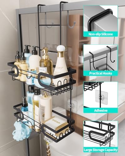 HapiRm Hanging Shower Caddy Over the Door with 14 Hooks and Soap Holder, No Drilling Adhesive Shower Storage, Rustproof & Waterproof Stainless Steel Bathroom Shelves - Black - Image 2