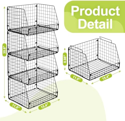 4 Pack XXL Stackable Wire Storage Basket, Extra Large Capacity Pantry Organizer and Storage, Muti-Purpose for Vegetable Fruit Basket & Can Organizer & Snack Rack & Metal Pantry Bin - Image 7