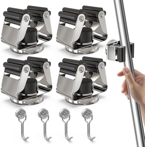 3-H 4 Pack Magnetic Broom Holder with 4 Pack Mini Magnetic Hooks,Silver by 3-H