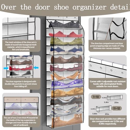 PAULONE 12 Pocket Over the Door Shoe Organizer,Reusable Breathable Large Mesh Bag Men's & Women's Sneaker Organizer,Shoe Organizer for Kids,Hanging Shoe Storage Hanging Bag (White) - Image 2