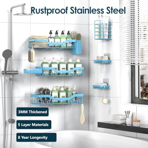 NESOMI Shower Caddy Adhesive Shower Organizer 8-Pack, Rustproof Stainless Steel Bathroom Shelves, Large Capacity No-Drill Rack Storage Accessories with Soap Dish Toothbrush Holder Hooks - Image 5
