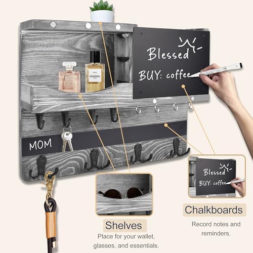 Key Holder Wall Mount with Shelf, Key Hooks for Wall, Washed Gray - Image 6
