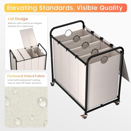 Laundry Sorter 4 Sections 48 Gal, Rolling Laundry Basket with Wheels ＆ Lid - Image 3