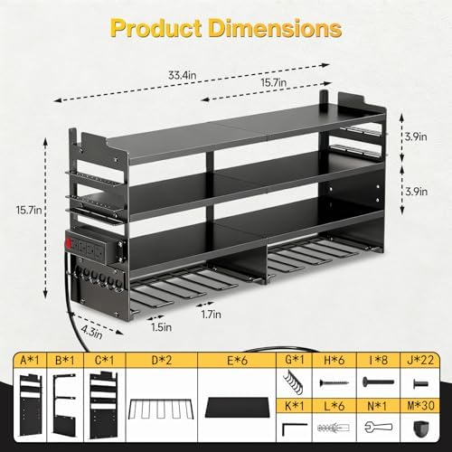 Heavy Duty Power Tool Organizer Wall Mount with Charging Station with 4 Power Strip, 4 Layer Tool Storage Rack with 8 Drill Holder, 700 lbs load capacity - Image 2