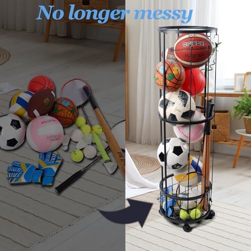 Upgrated Ball Storage Rack with Small Bottom Ball Holder, 3 Adjustable Elastic Cords Sports Equipment Organizer, Wall-Mounted Basketball Rack for Indoor,Outdoor,Home,Garage - Image 6