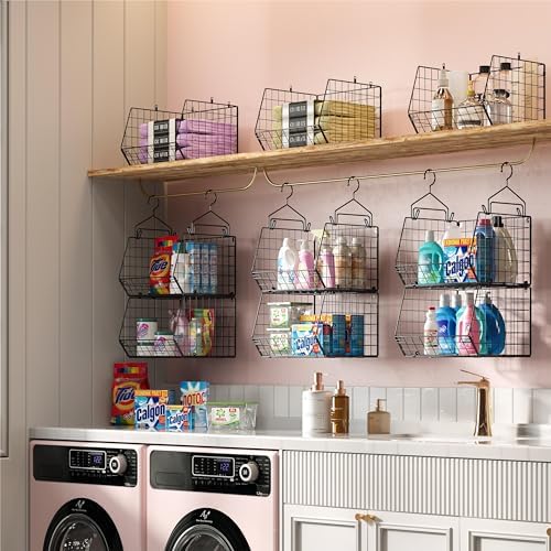 X-cosrack 5 Tier Closet Hanging Organizer, Clothes Hanging Shelves with 4 Hanging Hooks 5 S Hooks, Wire Storage Basket Bins, for Clothing Sweaters Shoes Handbags Clutches Accessories Patent Design - Image 5