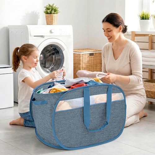 100L Collapsible Laundry Baskets, Foldable Dual Handles Laundry Hamper Blue - Image 2