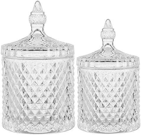 rejomiik Qtip Holder Glass Apothecary Jars with Lid Bathroom Accessories Vanity Organizers and Makeup Storage for Cotton Swabs, Balls, Pads, Floss Picks, Candy, 2 Pack Small and Large Clear by rejomiik