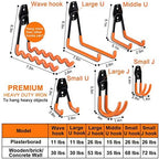 AOBEN 24PCS Garage Hooks, Heavy Duty Double Garage Hanger Organizer Wall Mount Iron Anti-Slip Garage Storage Hooks for Ladder, Power Tool,Bike,Ropes（23 Hooks & 1 hoder Strap-Orange - Image 4