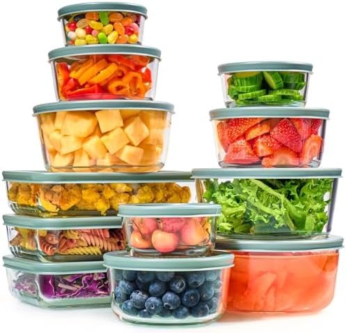 24pc Set Glass Food Storage Containers & Bowls with Airtight Lids - Leakproof BPA-Free Meal Prep Airtight Stackable Lunch Boxes, Kitchen Pantry & Storage Organizers - Microwave Freezer Dishwasher Safe by LERAZE