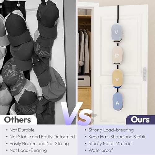 SWTYMIKI Over Door Hat Rack - Hat Organizer with 4 Hooks Design, Hanging Baseball Cap Organizer Storage Holds Up to 20 Caps for Door, Bedroom, Closet (Black) - Image 4