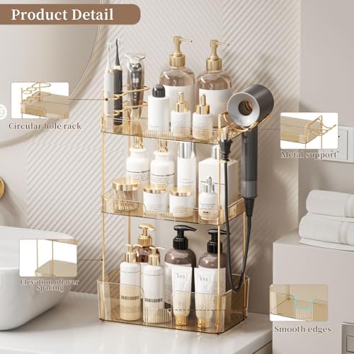YCIA&DONE Luxury Bathroom Counter Organizer, Large Makeup Organizer Countertop, Shelf Organizer, Vanity Tray, Easily Assemble for Bathroom Organizers and Storage, Undersink, Cabinet,3 Tiers Amber - Image 2