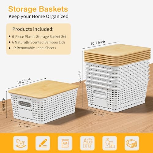 6 Pack Plastic Storage Baskets,White bamboo lid storage Box - Image 3