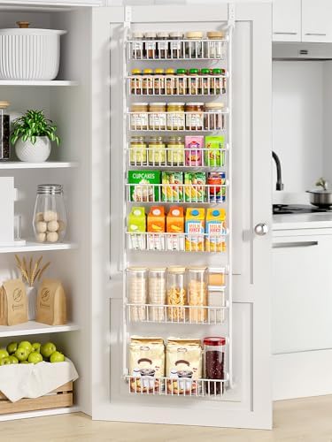 Delamu Over The Door Pantry Organizer, 8-Tier Pantry Door Organizers and Storage with Adjustable Basket, Metal Hanging Spice Rack, Seasoning Organizer, Door Organizer for Home Kitchen Bathroom, White by DELAMU