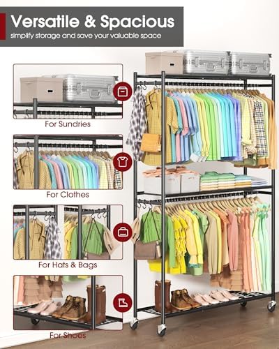 Sakugi Clothes Rack - 45.2" x 12.2" x 79.5" Clothing Rack with Shelves & Wheels, Multi-Functional Wardrobe Closet with Hooks, Sturdy Metal Garment Rack for Bedroom, Laundry, Balcony (Black) - Image 5