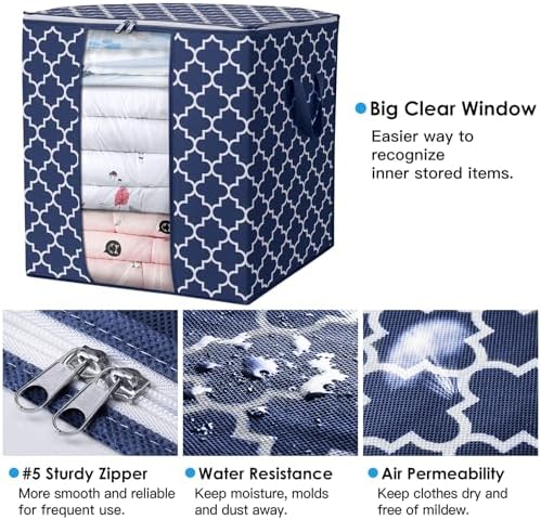Storage Bags 4 Pack 100L Clothes Organization and Storage Containers | Large Blanket for Comforters,Bedding, Foldable Organizer with Reinforced Handle, Clear Window, Sturdy Zippers, Blue - Image 3