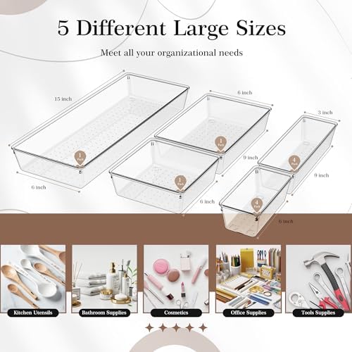 Criusia 11 PCS Clear Plastic Drawer Organizer Set - 5 Large Size Versatile Kitchen and Bathroom Organizer Trays, Non-Slip Storage Bins for Makeup, Utensils, Tool and Office Desk - Image 2