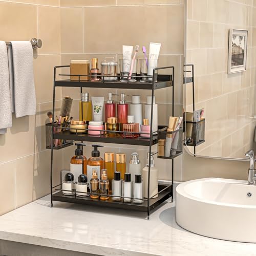 3 Tier Bathroom Counter Organizer with Side Baskets, Wooden Vanity Shelf - Image 2