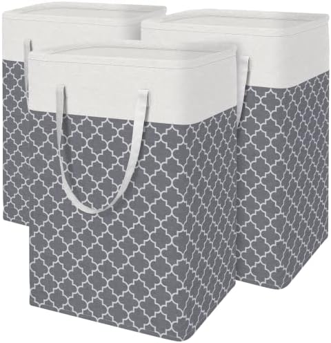 BlissTotes 3-Pack Laundry Basket, Freestanding＆Waterproof Laundry Hamper, Collapsible Tall Clothes Hamper with Easy Carry Handles for Clothes, Towels in the Family and Dorm,Clover Grey,75L by BlissTotes