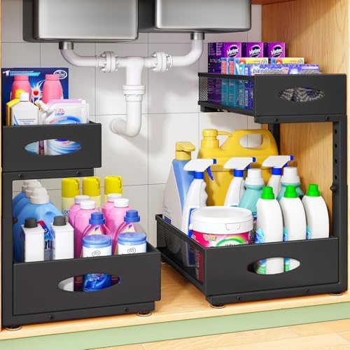 Under Sink Organizer, 2-Pack Pull Out Cabinet Organizer 2 Tier Metal Slide Out Storage Shelf Rack, L-Shaped Adjustable Height,Mesh Sliding Drawer for Kitchen, Bathroom, Laundry, Pantry, Black, XL by Kitstorack