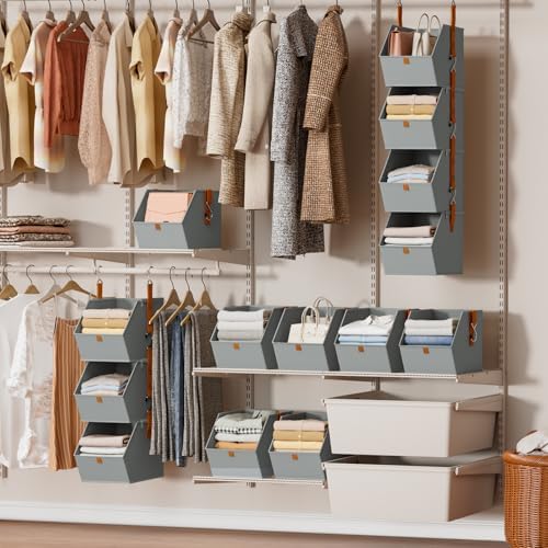 Homsorout Hanging Closet Organizer 4 Tier - Clothes Hanging Shelves, Space-Saving Closet System, Fabric Storage Bins Bedroom Organization, Collapsible Baskets for Home, Dorm, Rv, Grey - Image 3