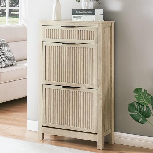 2-Flip Drawer Shoe Cabinet Narrow Entryway Rack, Oak by VIPLUMI