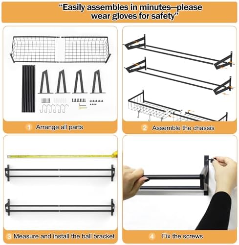 Ball Metal Holder Wall Mount Sports Organizer with 3Tier Shelf Garage Basketball Rack for Balls, Multi-Purpose Wall Ball Storage, Racks for Garage, Equipment Organizer with 6 Hooks, Metal Black（black） - Image 6