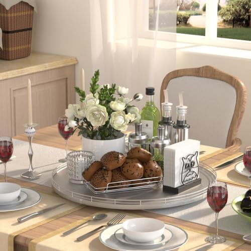 Oroyutor 18-Inch Oak Lazy Susan Organizer with Silver Iron Rail - Image 2