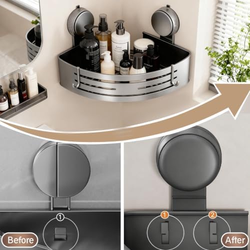 No-Drilling Corner Suction Cup Shower Caddy(1-Pack Gray),Rust-Proof and Durable Bathroom Organizer with Towel Bar & Hooks,Modern Large-Capacity Wall-Mounted Shower Shelf - Image 5