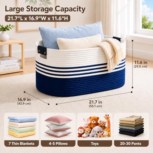 Laundry Hamper with Handles, 72L Rope Laundry Basket, Blue - Image 2