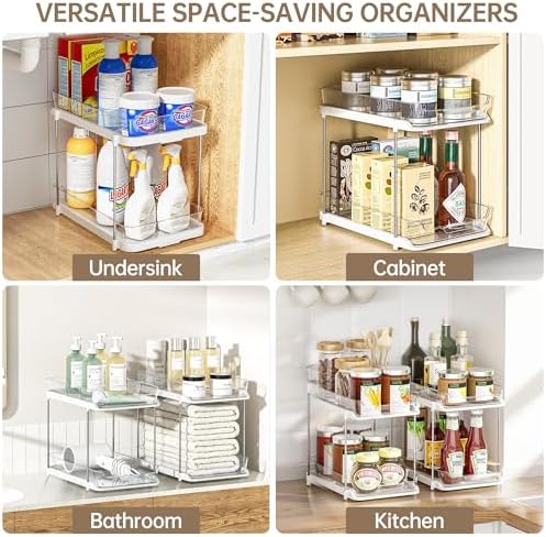 Delamu 2-Tier Multi-Purpose Bathroom Under Sink Organizers and Storage, Stackable Kitchen Pantry Organization, Pull Out Medicine Cabinet Organizer with Movable Dividers, White, 1 Pack - Image 5