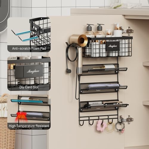 Magheo Hair Dryer Holder Wall Mounted, Adheisve Hair Styling Tool Organizer for hair Brush/Appliance Wall Mount with 4 Tier Shelf Basket Hooks Blow Dryer and Straightener Holder for Bathroom(Black) - Image 2