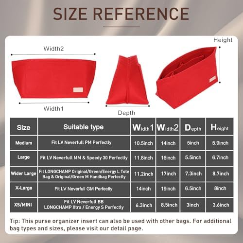 Doxo Purse Organizer Insert for Handbags & Base Shaper 2pc Set, Felt Neverfull GM Organizer Insert, Tote Bag Organizer with Zipper Pocket and Bottle Holder, Fit Neverfull GM and More, Red-XL - Image 2
