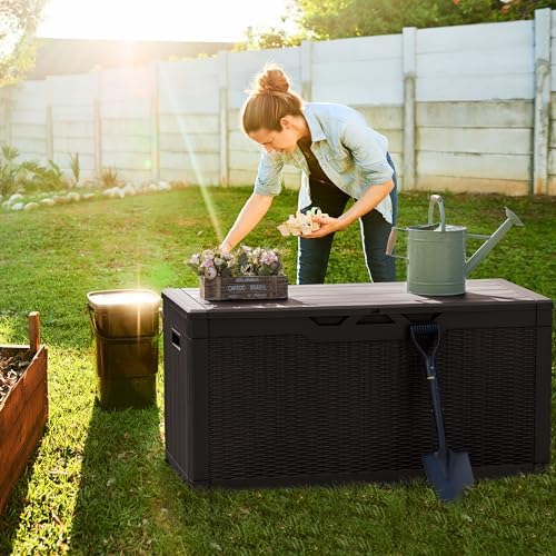 Greesum 100 Gallon Resin Deck Box Large Outdoor Storage, Imitation Rattan Weave Texture for Patio Furniture, Garden Tools, Pool Supplies, Weatherproof and UV Resistant, Lockable, Dark Brown - Image 2