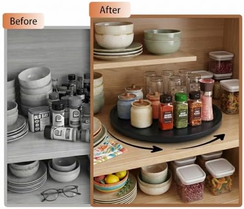 Lazy Susan Turntable Organizer, 10" Acacia Wood Round Serving Tray, Black - Image 4