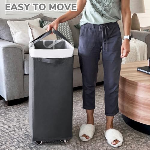 CHICVITA 100L Large Rolling Laundry Basket with Wheels & Wash Bag, Grey - Image 2