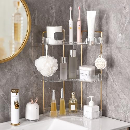 3-Tier Corner Bathroom Organizer Countertop with Hooks, for Makeup, Perfume - Image 6