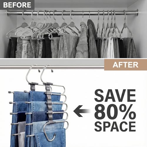 Pants Hangers Space Saving, 5 Tier Jeans Hanger for Closet, Black Multiple Heavy Duty Stainless Steel Pant Rack for Trousers, Legging with 20 Clips (4 Pack) - Image 2
