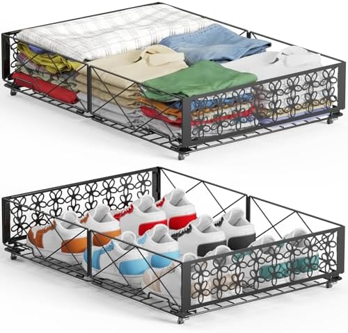 Under Bed Storage with Wheels, Rollable Under Bed Storage Container, Foldable Metal Under Bed Organizer for Bedroom Clothes Shoes Blankets Storage (2black, Black) by rubertyle