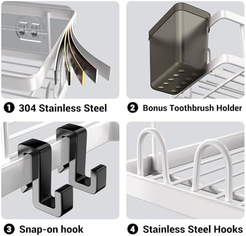 AKTECKE Shower Caddy Corner Organizer Shelf: 2Pack Adhesive Shower Essentials Accessories - No-Drilling Stainless Steel Bathroom Storage Rack with Hooks - Image 4
