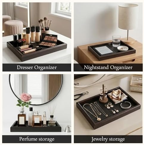 2Pcs Wooden Valet Tray with Leather Base, 11.8 x 7.87inches Entryway Bedside Dump Holder Nightstand Catchall Organizer for Perfume Watch Wallets Keys Watches Jewelry & Sunglasses - Image 6