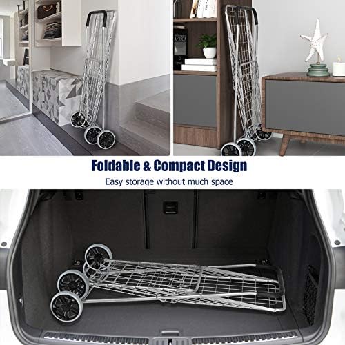Goplus Shopping Carts for Groceries, Heavy Duty Folding Shopping Cart with Wheels, Portable Collapsible Grocery Cart, Light Weight Foldable Utility Cart for Laundry Silver - Image 5