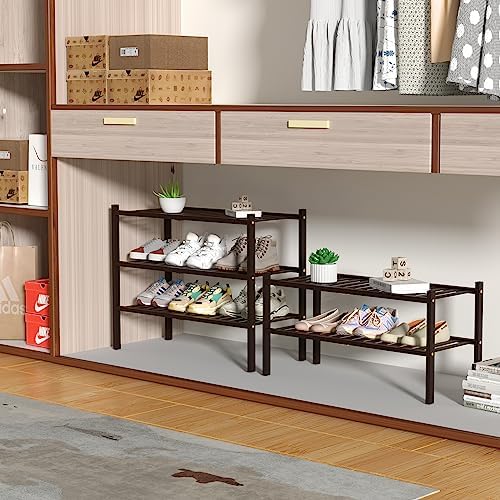 ROMGUAR CRAFT 3 Tier Bamboo Shoe Rack for Closet Free Standing Wood Shoe Shelf for Entryway Small Space Stackable 27"x11"x20" (Brown) - Image 4