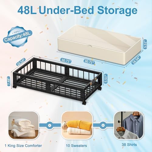 efluky 2-Pack Bamboo Under Bed Storage with Wheels, Rolling UnderBed Storage Basket with Large Dust Bag, Under Bed Storage Containers for Bedroom, Dorm and Basement, Black - Image 2