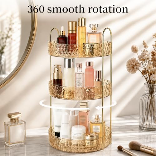 Large Capacity Rotating Makeup Organizer Perfume Stand Holder, 3 Tier Gold - Image 2