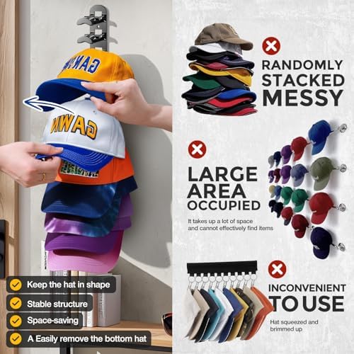 Hat Organizer for Baseball Caps, Hat Rack for Wall Closet Door Hold up to 10 Hats,Hat Holder with Adhesive and 4 Screws, Hat Hanger Cap Holder Hat Hangers for Wall Closet Door Bedroom(1pc,B-Black) - Image 5