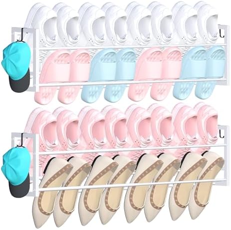 2 Pack Wall Mounted Shoe Rack for Narrow Spaces, Hanging Shoe Rack Holds 16 Pairs, 17"-30"Adjustable Heavy Duty Wall Shoe Storage with 4 Storage Hooks, Space Saving for Closet Entryway Door, White by HomeOrganizerandStorage