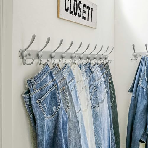 Dseap Coat Rack Wall Mount - 38” Long 10-Tri-Hooks Heavy Duty Coat Hanger Rail Wall Hooks for Hanging Coats Hats Clothing Clothes Purse Mudroom Entryway, Silver, Pack of 2 - Image 4