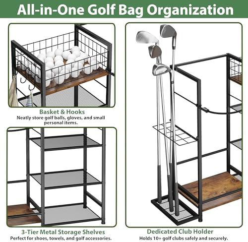 Jsskeeim Golf Bag Organizer for Golf Accessories for Men, Golf Bag Stand with Extra Storage Rack for Clubs, Golf Bag Holder for Golf Storage Fits 1 Bag, Garage, Home or Club Use, Golf Gifts for Dad - Image 2